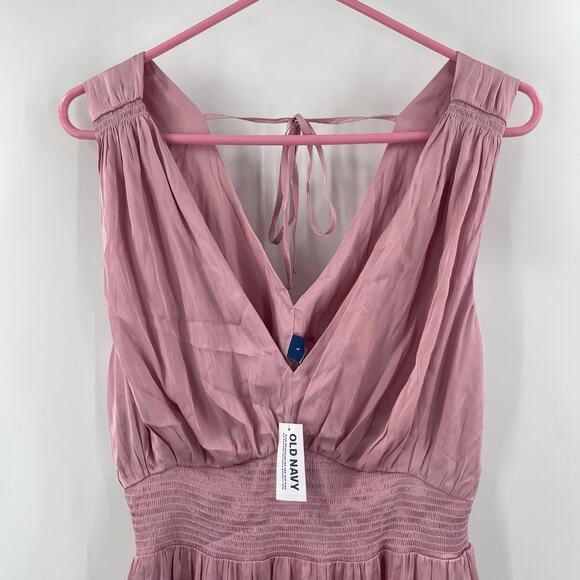 OLD NAVY Dress Large Satin Fit & Flare Sleeveless Smocked Midi Pink V-Neck NWT - Picture 6 of 14